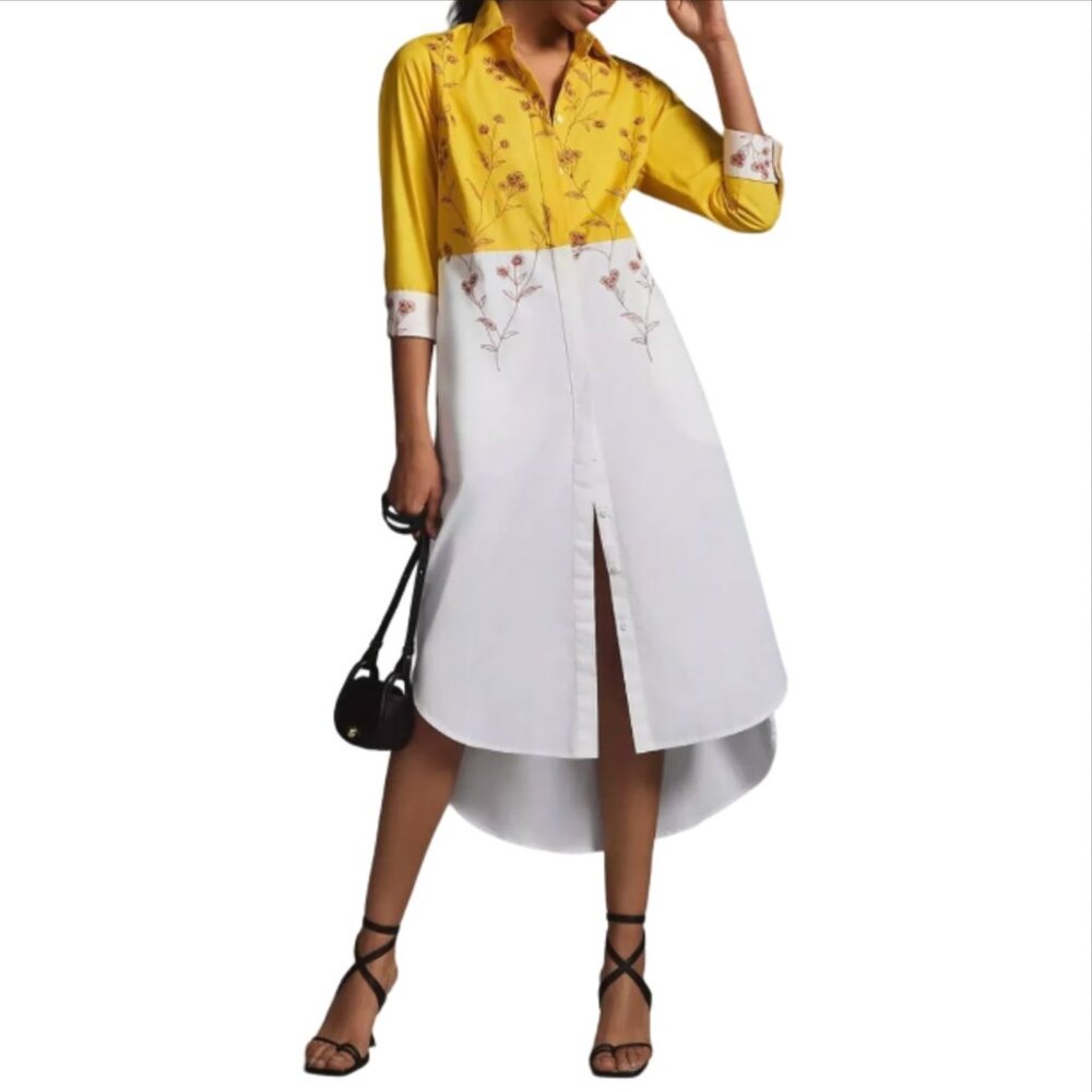 Anthropologie Yellow and White Embroidered Shirt Dress
